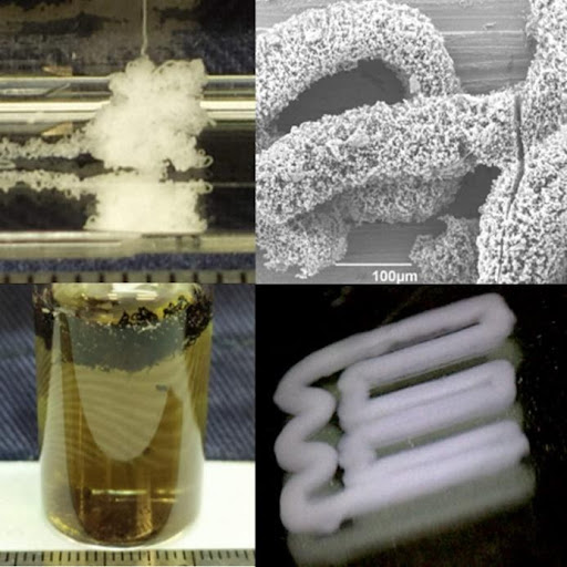 Wet spinning gel filaments (top left), nanostructuring of filaments (top right), gold-loaded filaments (bottom left), 3D-printed object with well-defined shape (bottom right).